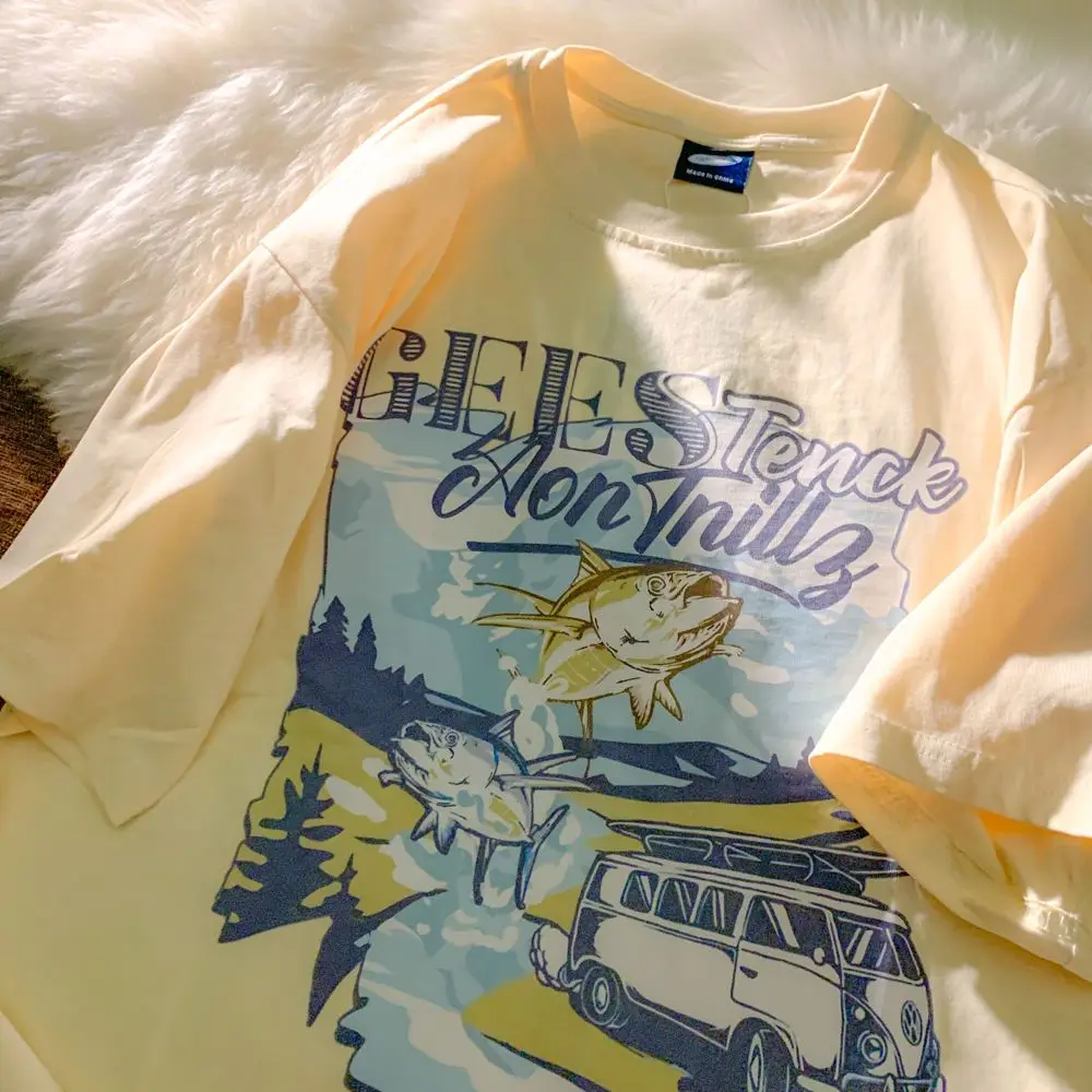 Pure cotton Japanese milk yellow cartoon car print short-sleeved T-shirt for men and women trendy loose and versatile clothes