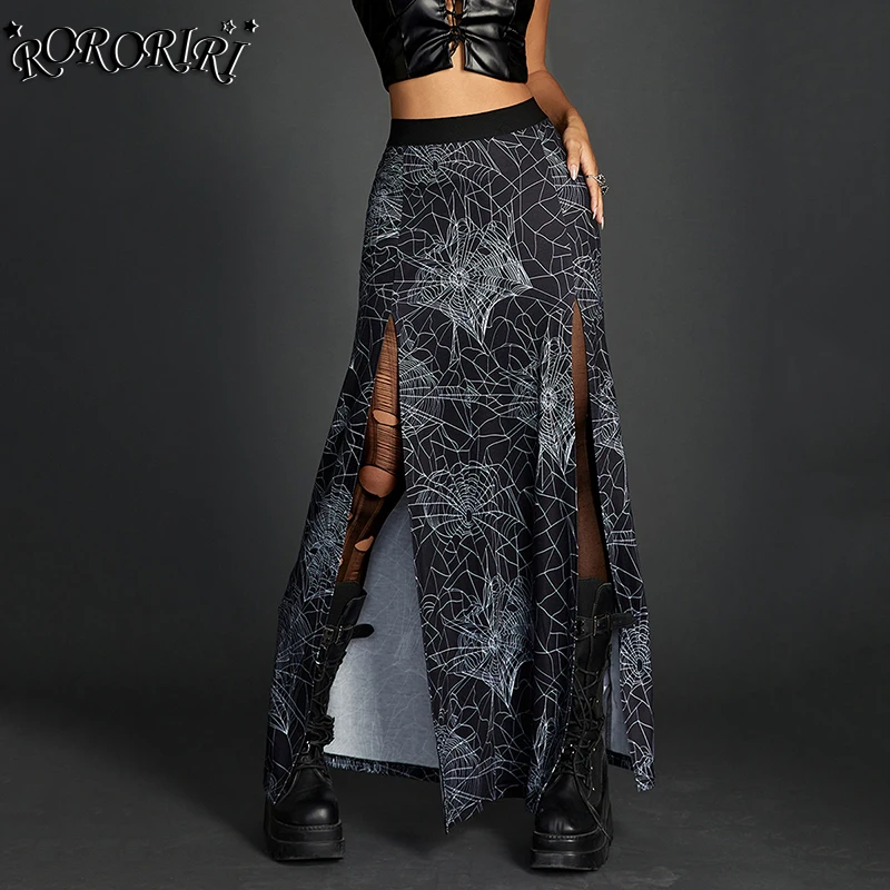 RORORIRI All Over Print Spider Web Long Skirt Women Elastic Waist A-line Draped Dress with Slit Steampunk Gothic Vintage Clothes