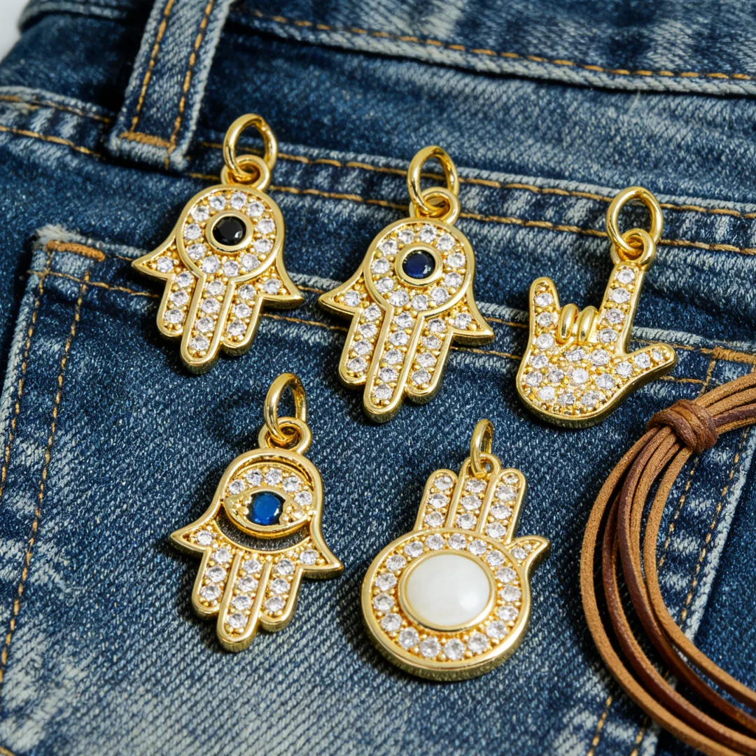 

10Pcs Pendants Gold Plated Zircon Hamsa Hand Evil Eye Palm Charms for DIY Jewelry Necklace Bracelet Accessories Daily Wear Party