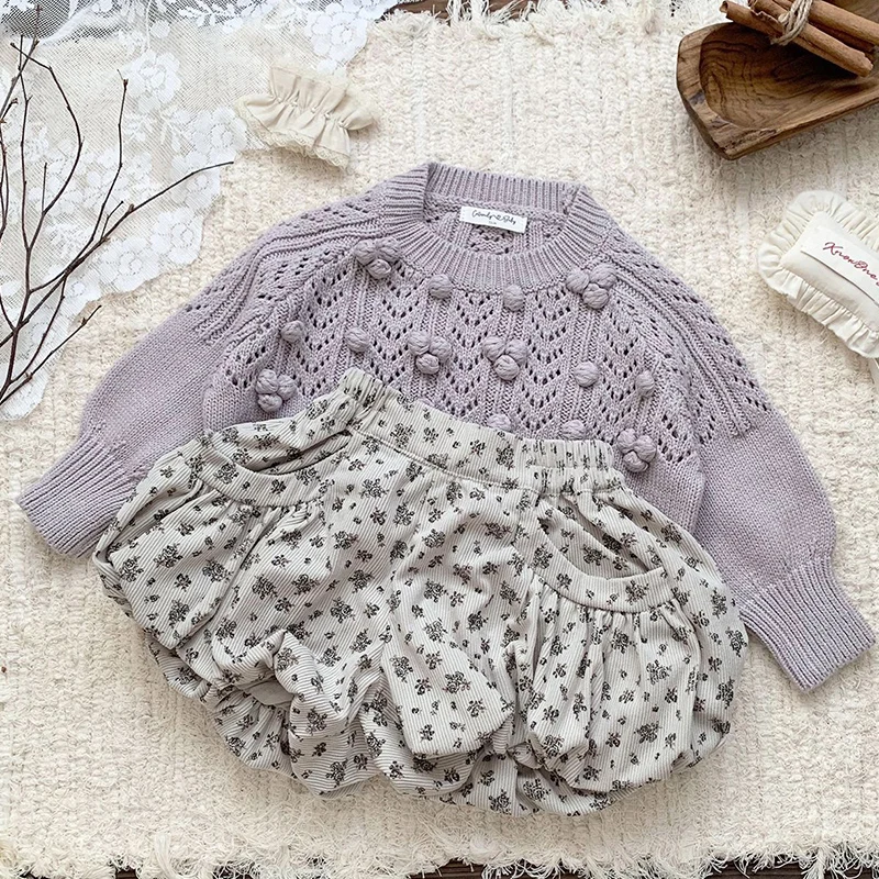 Autum Winter Baby Sweater Handmade ball Knitted Baby Girl Clothes Hollow Round Neck Kids Toddler Girl Pullover Baby Outerwear