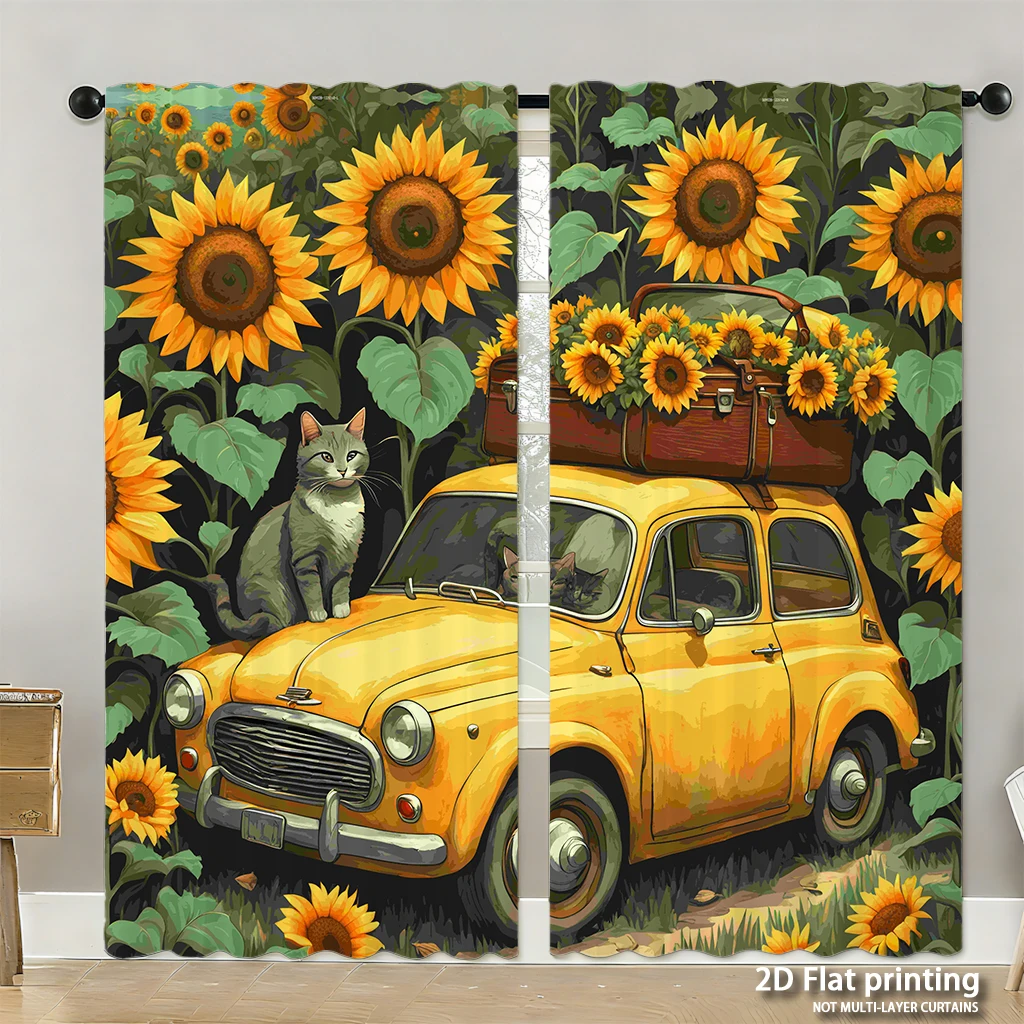 مجموعة مكونة من قطعتين من ستائر مطبوعة رقمية عالية الوضوح عباد الشمس الصفراء لوحة زيتية للقطط على طراز ديكور المنزل