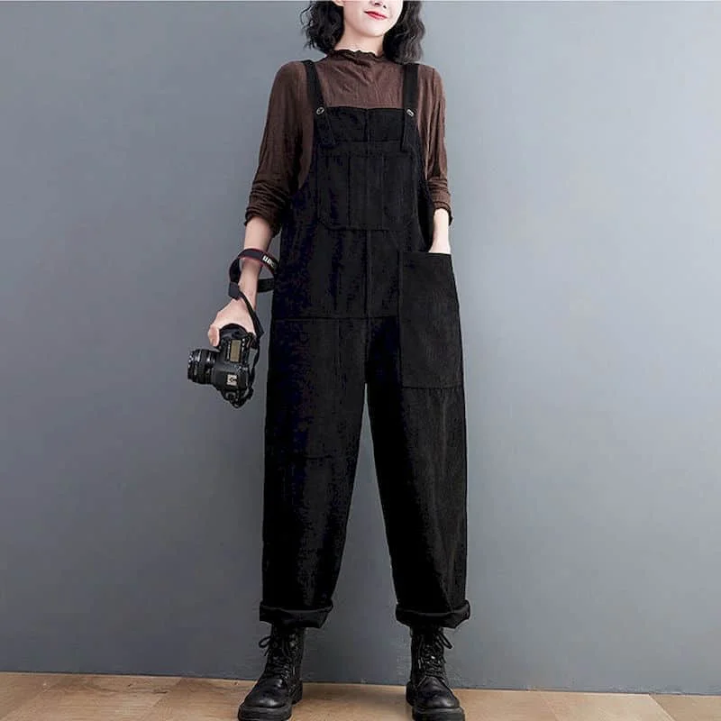 

Corduroy Jumpsuits for Women Solid Korean Style Overalls One Piece Outfit Women Rompers Casual Vintage Playsuits Straight Pants