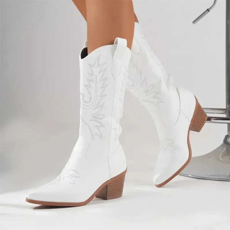 

High Quality Block Heels Mid-calf White Cowboy Boots Luxury Shoes Women Vintage Country Concert Western Boots Botas Para Mujer