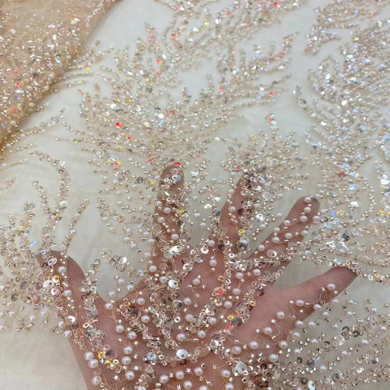 

High End Luxury Sequins Tulle Lace Beaded New Design Embroidery African Lace Fabric TS1889