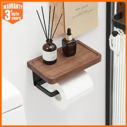 Wooden Toilet Paper Holder Wall Mount With Shelf, Rustproof Matte Black Toilet Paper Holder Wall Mount, Toilet Paper Roll Holder