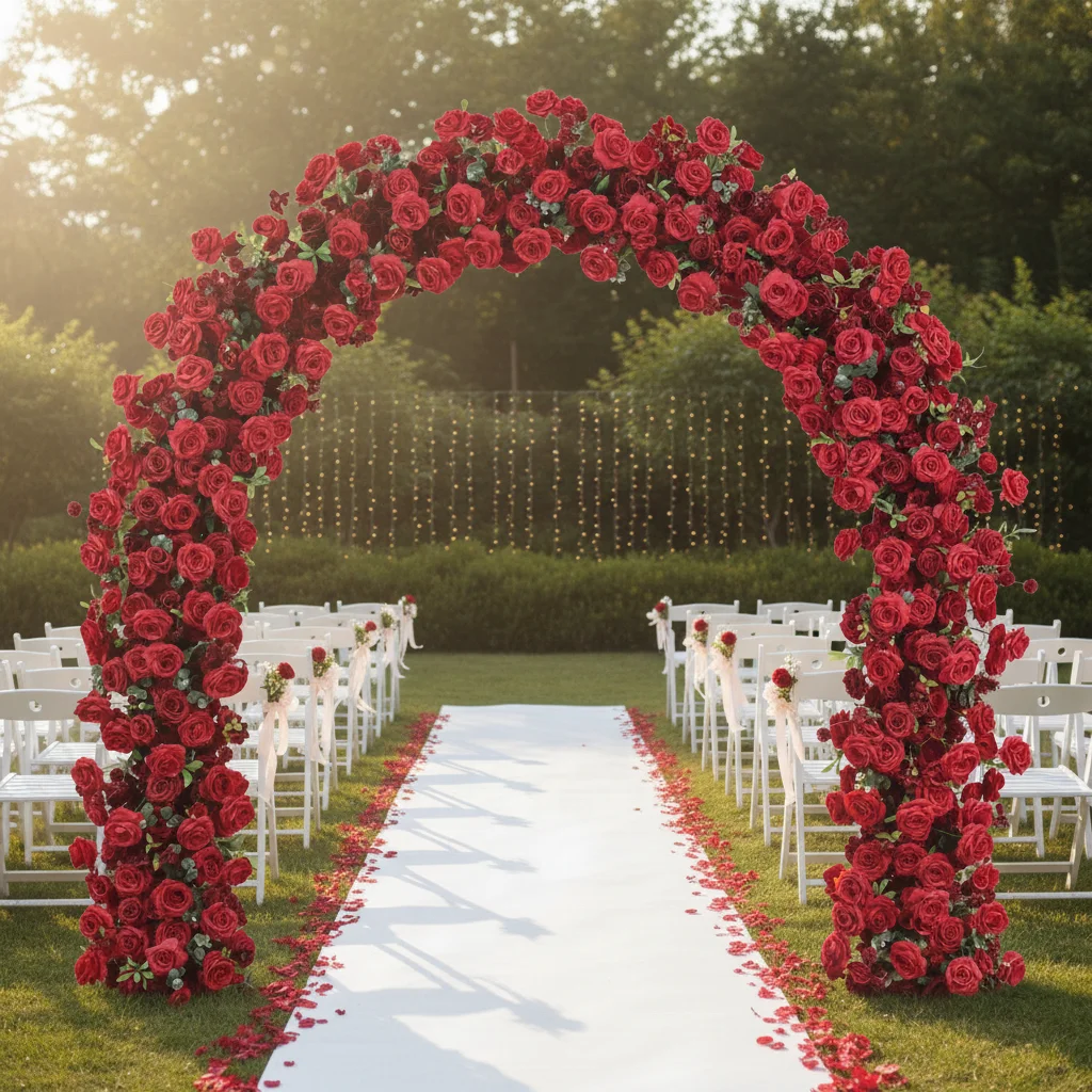 Factory Silk Handmade Soft Durable Adjustable Artificial Red Heart-Shaped Flower Arch Backdrop Decoration Wedding Events 7-8ft view 2