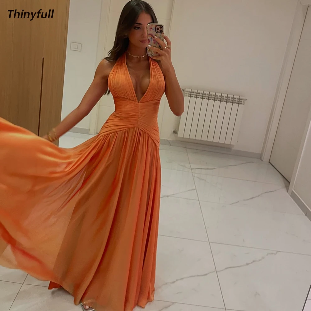 

Thinyfull A-line Chiffon Evening Party Dresses Sleeveless Halter Prom Dress Holiday Style Gown Long Robe De Soirée Customized