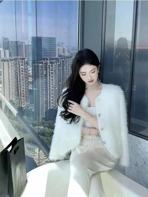 Weiße Nerz gestrickte offene Strickjacke Damen Winter New ort Loose High-End Feeling Pullover Jaet Trendy Ci Walk Commute Sle