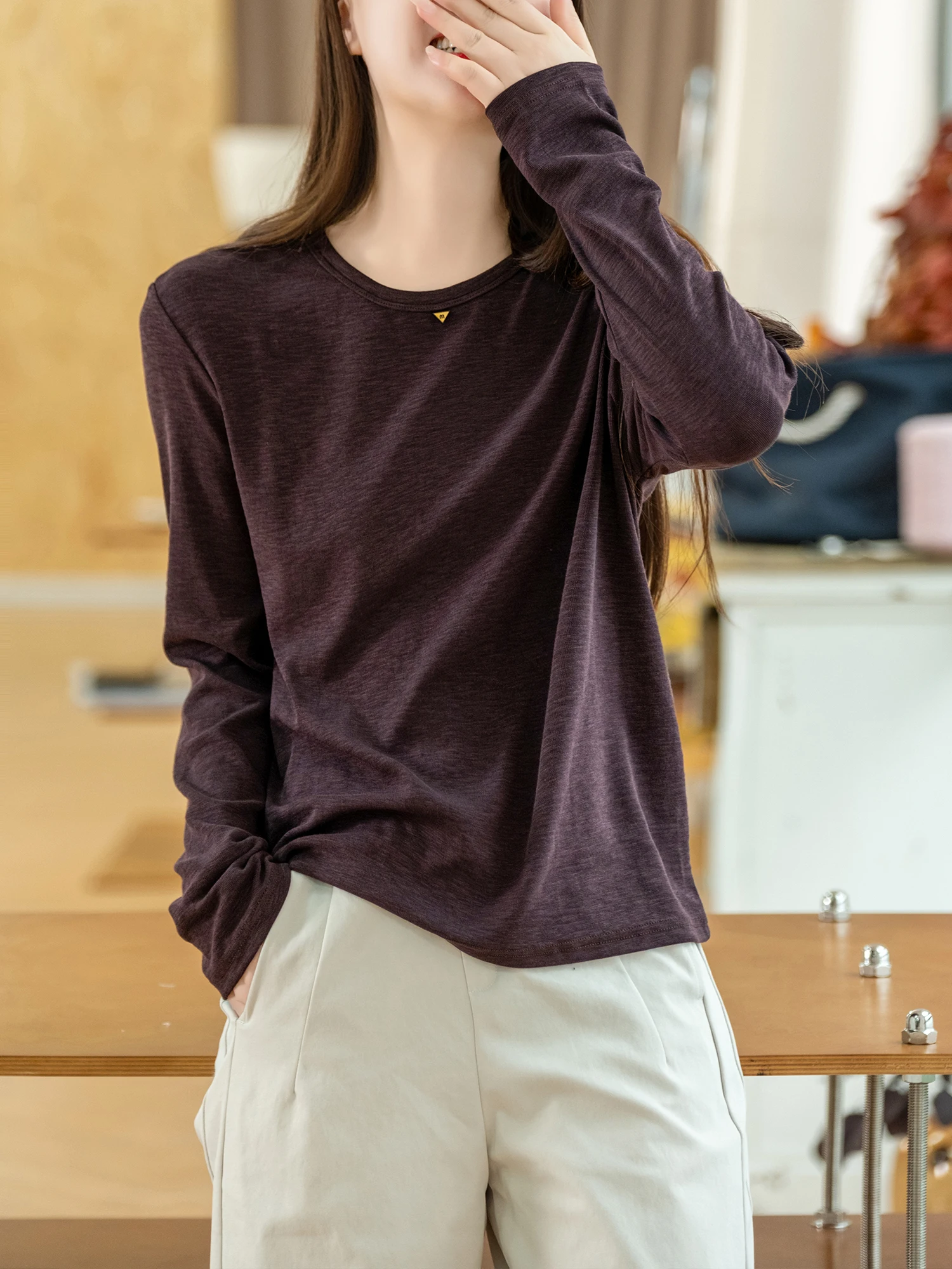Comfortable Cotton Rayon Long Sleeve round Neck T-Shirt Double Layer Fixed Collar Decorative Label Simple Style Women's Top