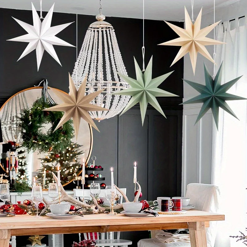 5pcs Multicolored Paper Star Decorations for Christmas, Suitable for Festive Hanging Ornaments, Store Celebration Decorations