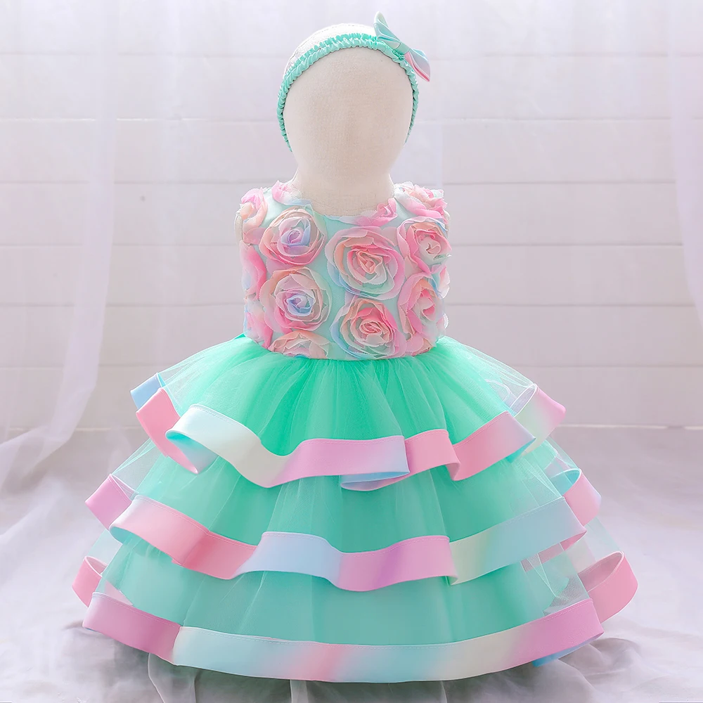 Toddler Colorful Flower Baptism 1st Birthday Dress For Baby Girl Vestido Lace Cake Wedding Party Princess Dresses Child Costume