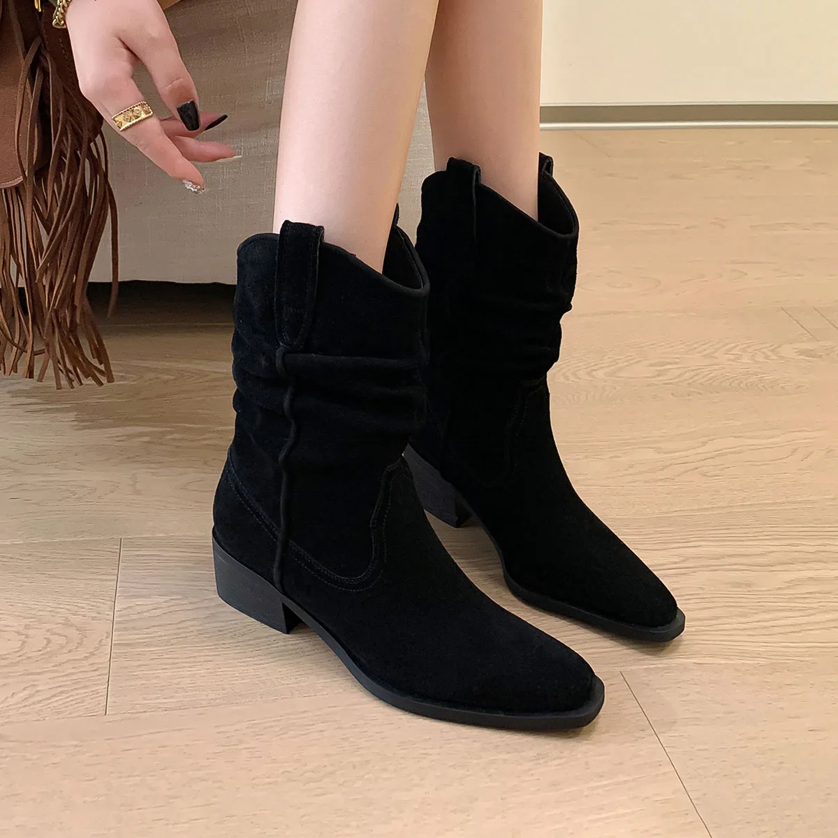 Arden Furtado Brown Cow suede Pleated Short boots Square toe pull-on Middle heel Western boots Large size Women's boots