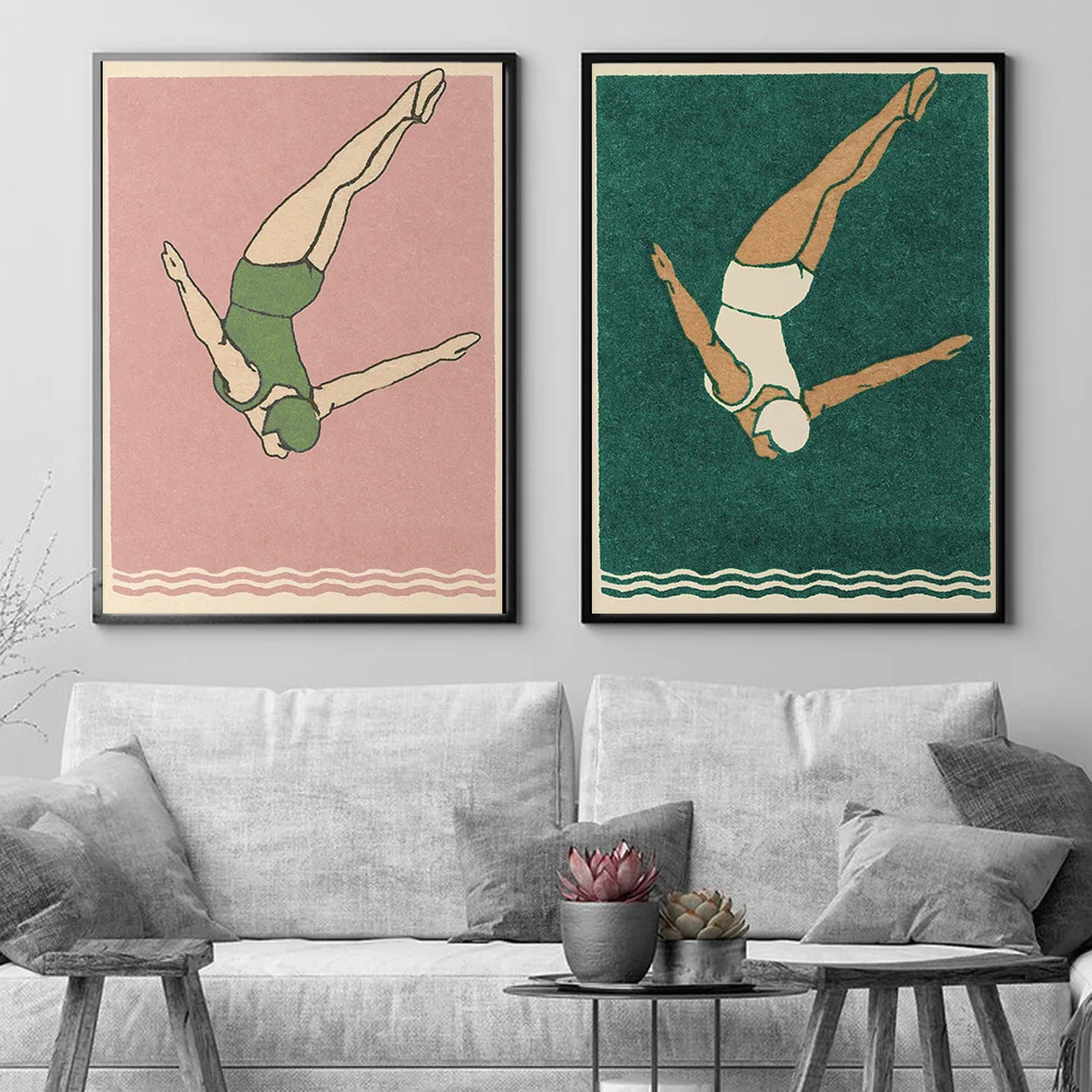 Vintage Pink Green Aesthetic Posters and Prints Diver Canvas Painting Modern Wall Pictures Maritime Bathroom Home Decor No Frame