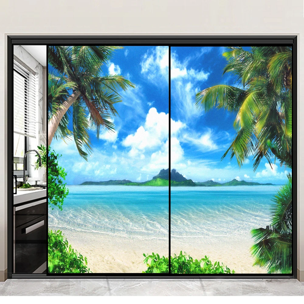 

Static Cling Privacy Window Film Heat Control Anti UV Blocking Window Stickers Sea Scenery Pattern Frosted Window Decoration