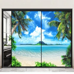 Static Cling Privacy Window Film Heat Control Anti UV Blocking Window Stickers Sea Scenery Pattern Frosted Window Decoration