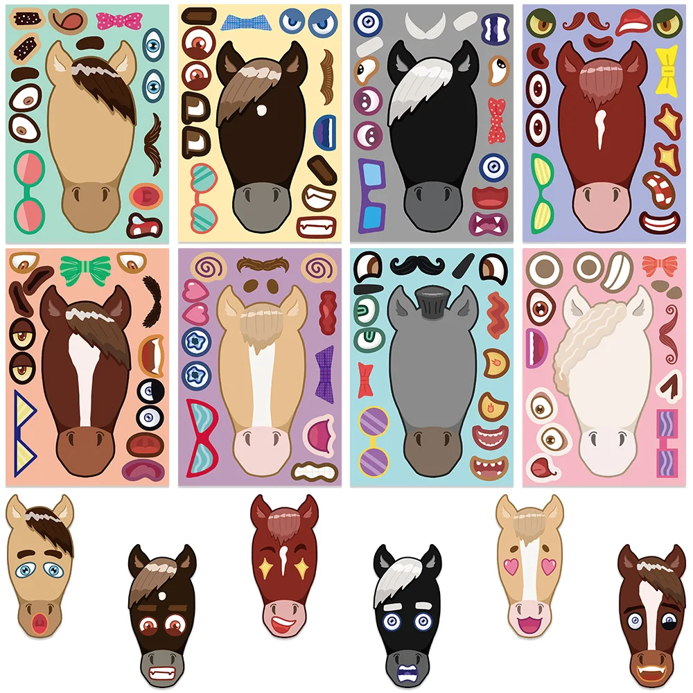 8/16/32Sheets Cartoon Cute Horses Make A Face DIY Puzzle Stickers Dress Up Game Face Funny Assemble Stickers Children Toys Gifts