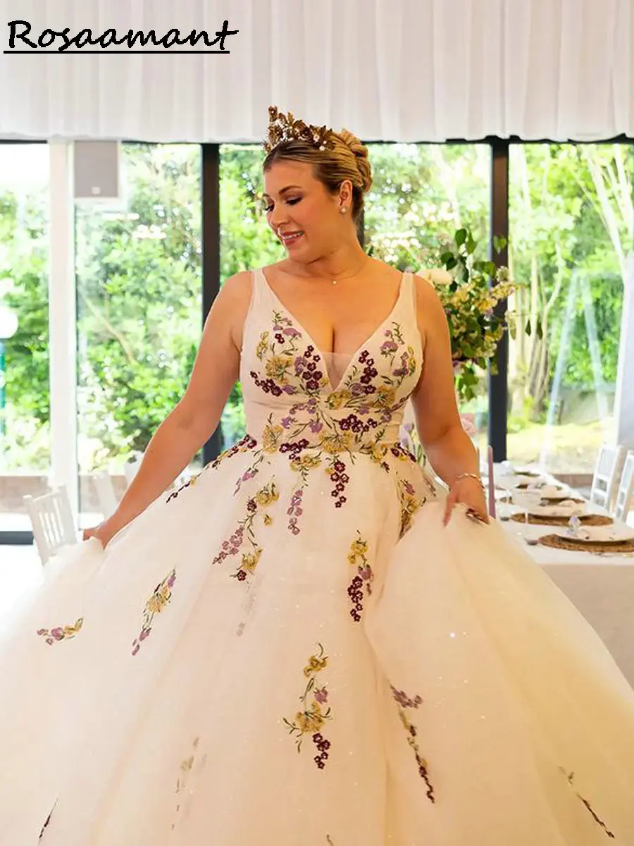 Plus size com decote em v sem costas a linha vestidos de casamento colorido apliques florais rendas personalizado país vestidos de noiva