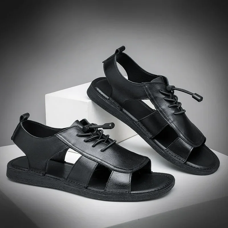 

Reminiscence Black Roman Leather Men's Sandals Summer Men's Shoes Cowhide Vintage