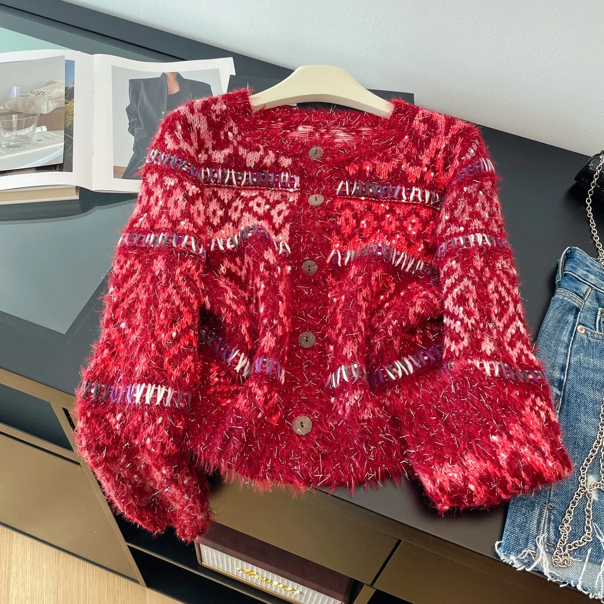 

Women's Christmas Red Cardigan 2000s Vintage Korean Style Jumper Knit Outerwear Long Sleeves Luxury Cashmere Sweater For Women