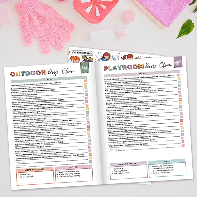 مخطط التنظيف للبالغين والنساء والأطفال، جدول التنظيف اليومي المنزلي ودفتر تنظيم قائمة المرجعات