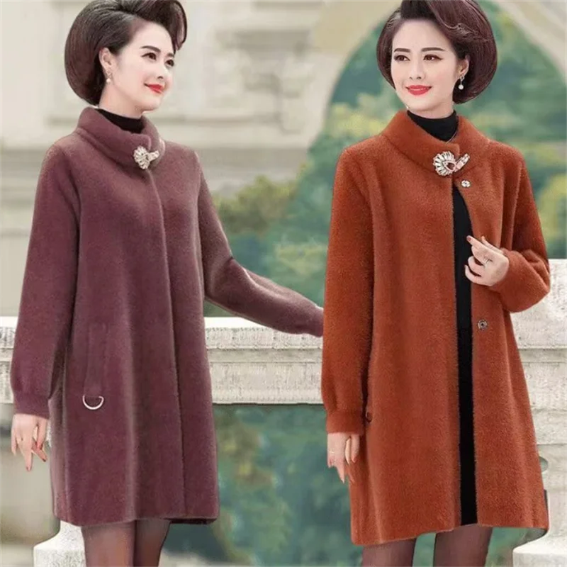 ฤดูใบไม้ร่วงฤดูหนาวผู้หญิงเลียนแบบMink Cashmere Coatสวมใส่หนาปานกลางและยาวถักเสื้อกันหนาวใหม่กลาง-กลางแจ็คเก็ตเสื้อ