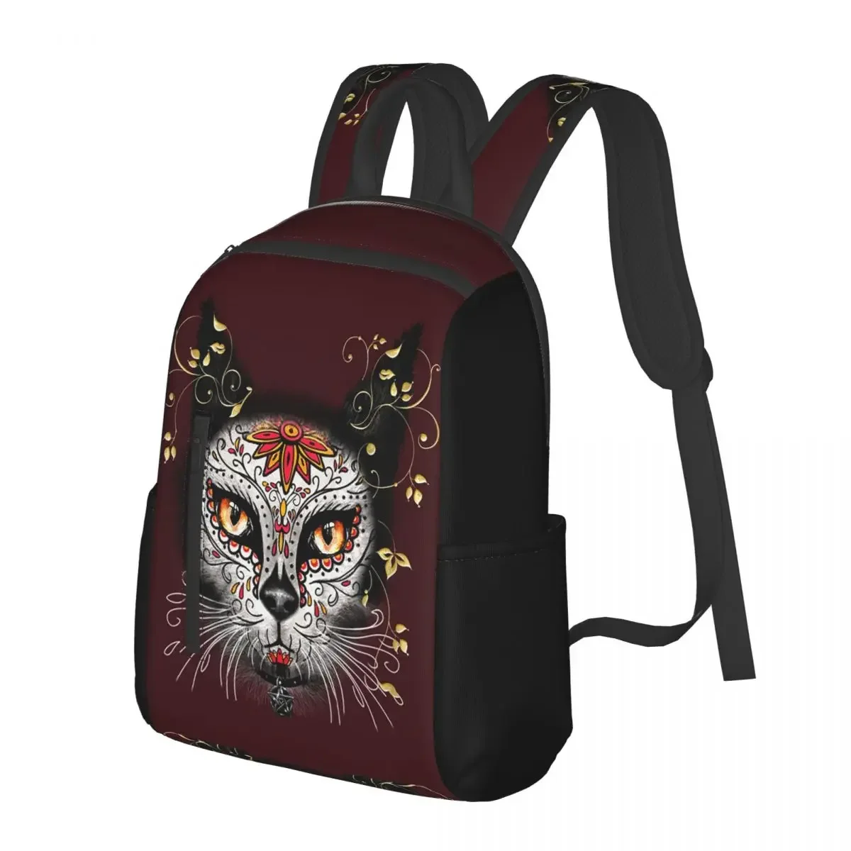 

Day Of The Dead Kitten Cat Sugar Skull Mexican Halloween Floral Student Backpack School Bag Travel Daypack Bookbag Shoulder Bags