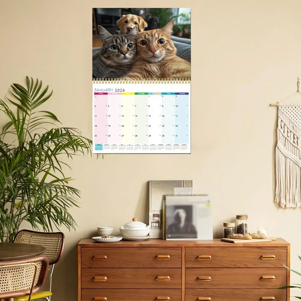 2026 Home Office Desktop Wall Calendar Funny Cute Cat Pattern Spiral Bound Daily Planner 2026 Cat Themed Decor Calendar