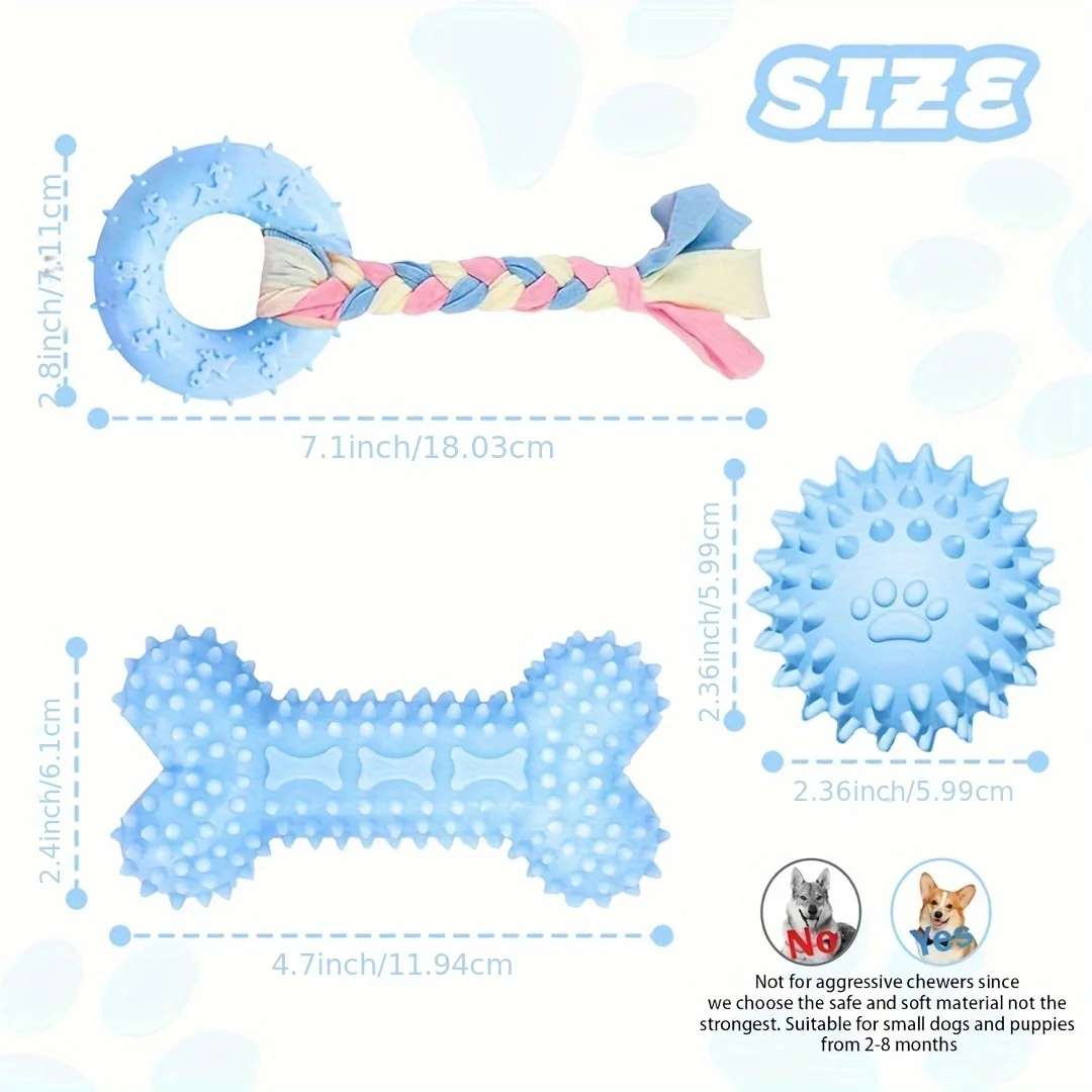 젖니 씹는 강아지 장난감, 작은 강아지 장난감, 부드러운 고무 치아 청소, 야외 상호 작용 애완 동물 장난감 세트, 내구성 롭, 3 팩