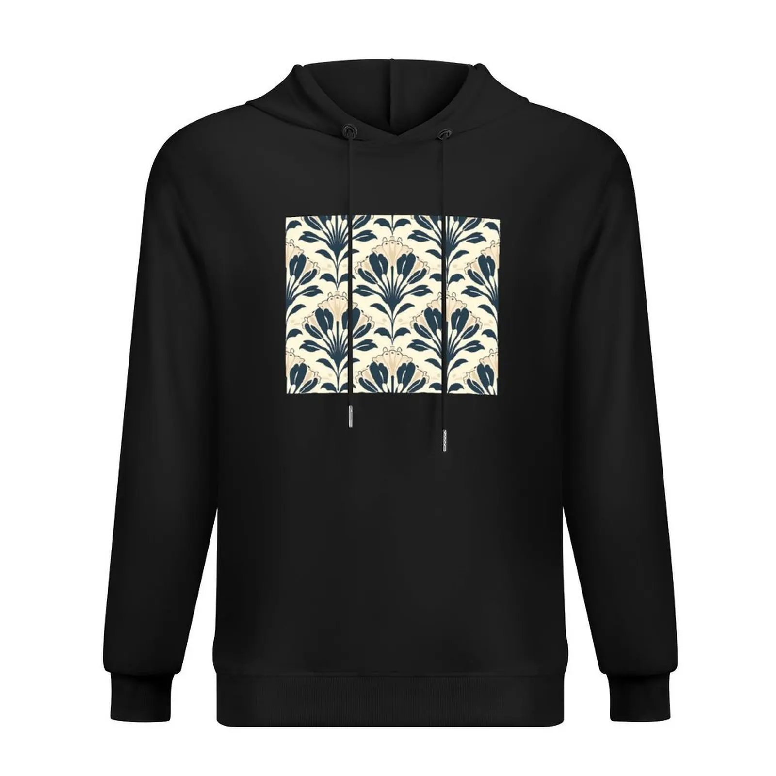 

Beige and Black Floral Art-Deco Pattern Hoodie male clothes japanese style hooded shirt hoodies for men high quality