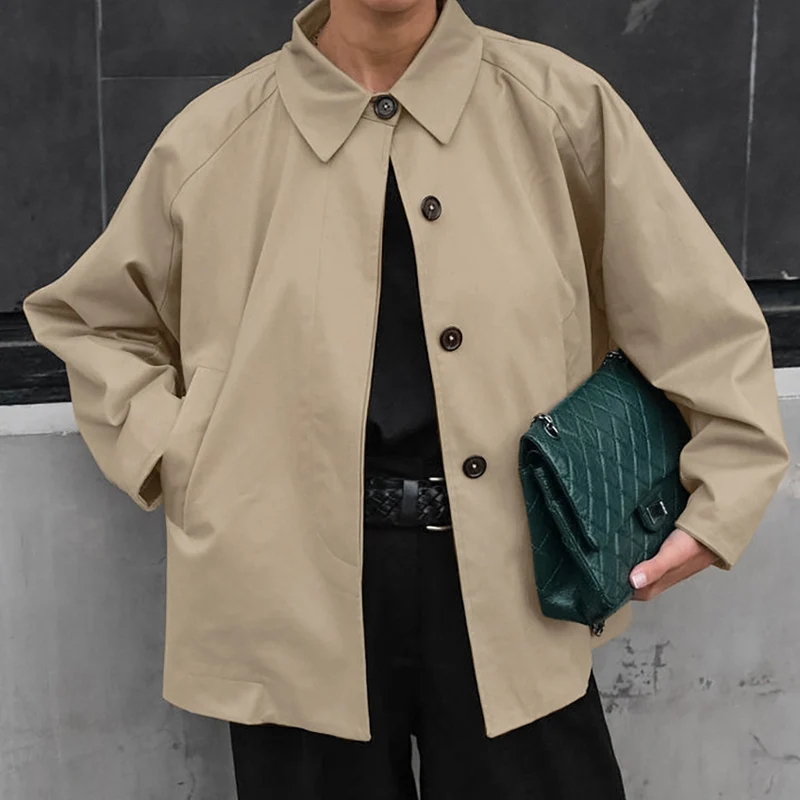 MSCSZ 2024 Khaki Cargo Jacket Women Vintage Lapel Single Breasted Jacket Female Windbreaker Coat Outerwear