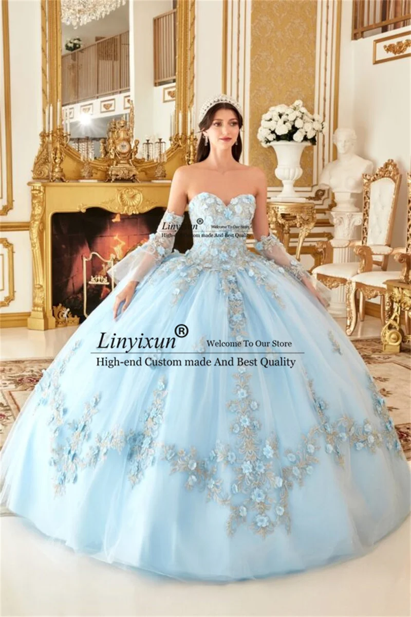 Vestido Quinceanera princesa azul-celeste, vestido de baile floral 3D, bordado de renda, 16 vestidos, 15 anos, 2024