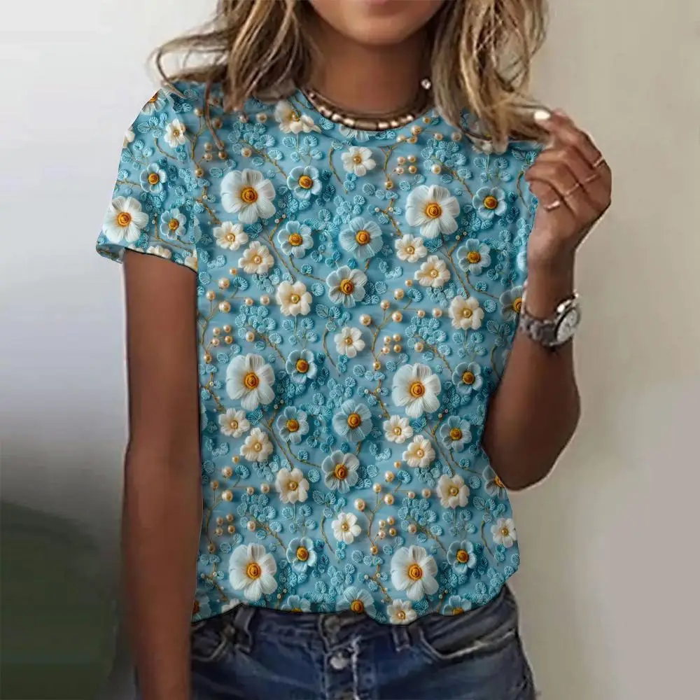 2024 Letnie nowe koszulki damskie 3D Flower Print Moda Krótki rękaw T shirt Casual Loose Tops Trend Odzież damska Streetwear