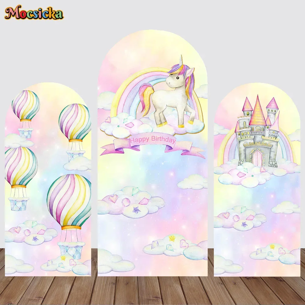 

Rainbow Unicorn Arch Backdrops Double-Sided Cover Pink Castle Hot Air Balloon Baby Shower Birthday Party Decor Photo Background