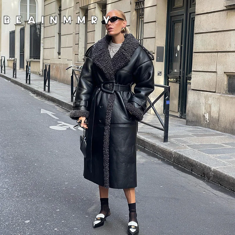 Women Warm Lapel Full Sleeve Belt Pocket Coats Patchwork Lamb Wool Leather Long Jacket 2024 Winter Female High Street Outerwear