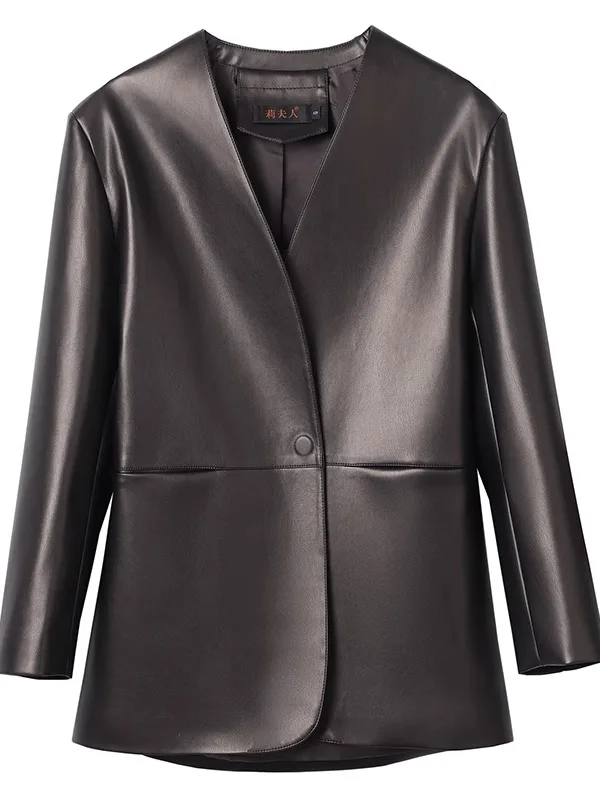 2025 Spring New Women's Medium Length eepskin Leather Jaet Bla Coat Outerwear Sli Commute Sle Slim Fit Leather