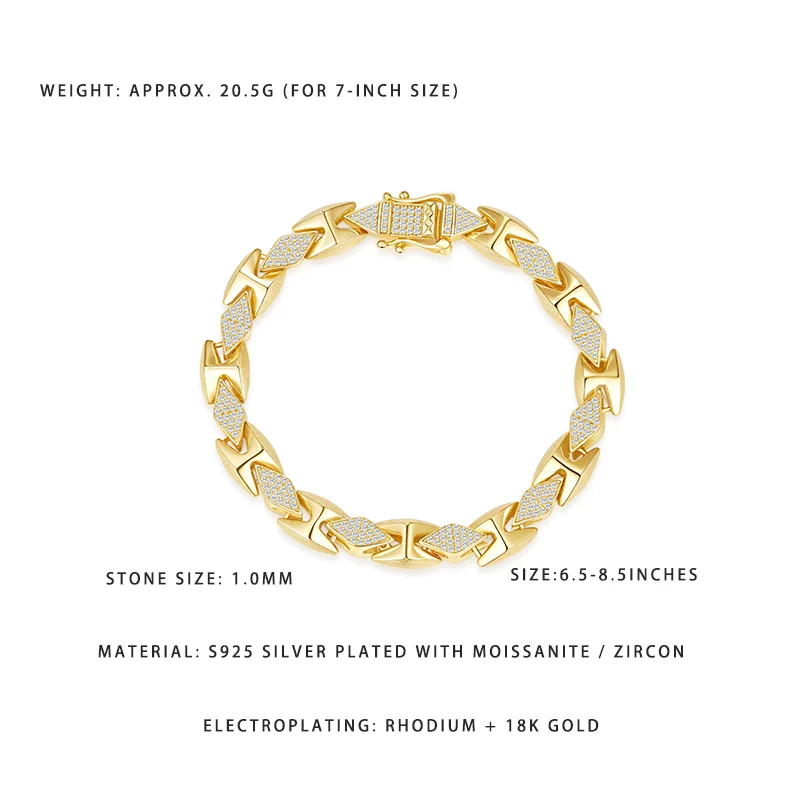 

Элитный браслет из серебра S925 с покрытием из 18-каратного золота, с муассанитом/цирконом, 6,5-8,5 дюймов