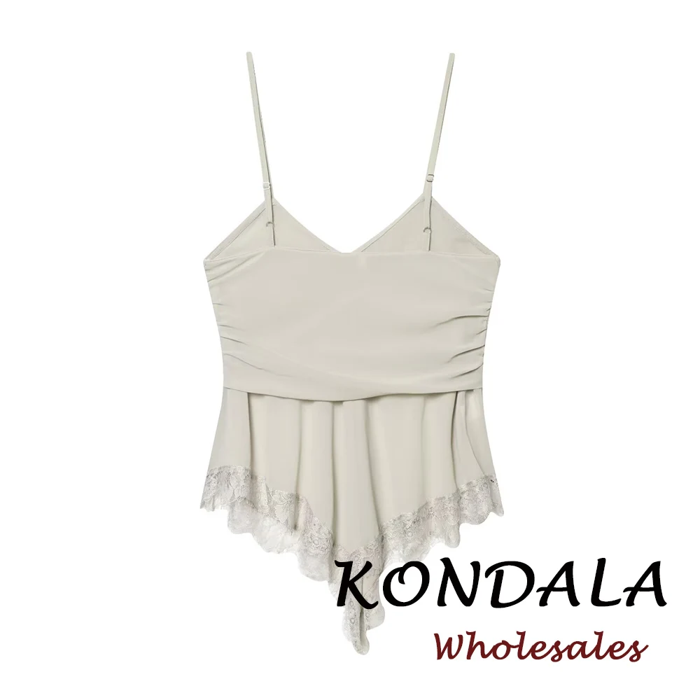 KONDALA Chic Pleated Self-transparent Sexy Lace Night Party V-Neck Woman Cami Top Fashion 2026 Spring Club Backless Female Vest