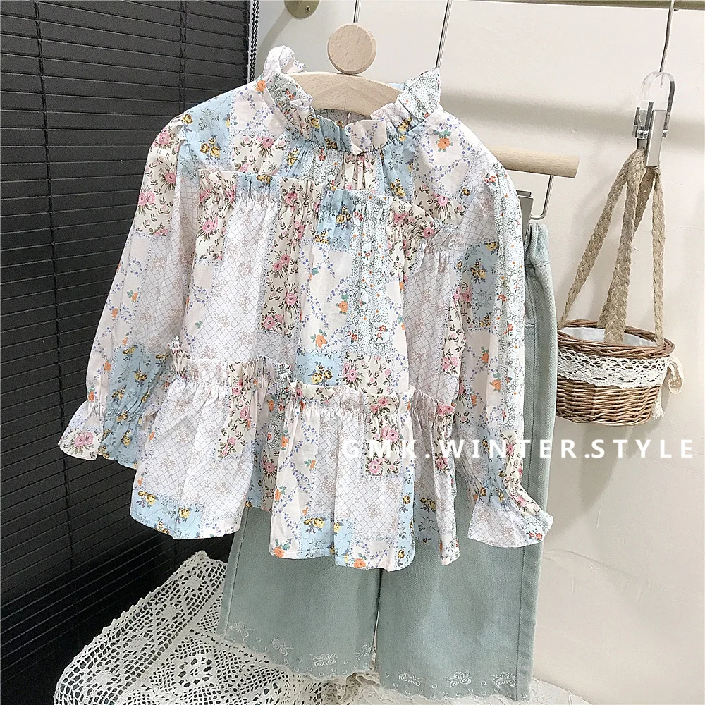 Baby Girls Sets Fashion Stand Collar Floral Doll Shirt Embroidered Border Jeans Wide Leg Pants 2025 Spring New Kids Sets