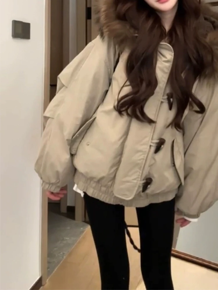 

Retro horn button, big fur collar, hooded cotton jacket, women's short winter thick warm workwear, overcoming Y2K bread jacket