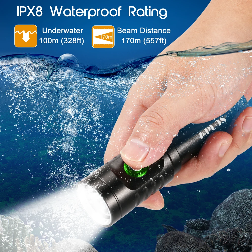 APLOS AP01 1050 Lumens Diving Flashlight XM-L2 5000k LED Scuba Dive Light, IPX8 Waterproof Underwater 100m Rechargeable Torch