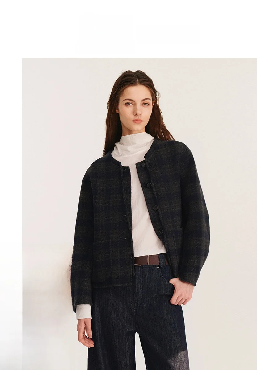 

Original Retro Plaid Woolen Double-Faced Coat Women's Belted Knot ort Outerwear SUD Wei Guang i Ji