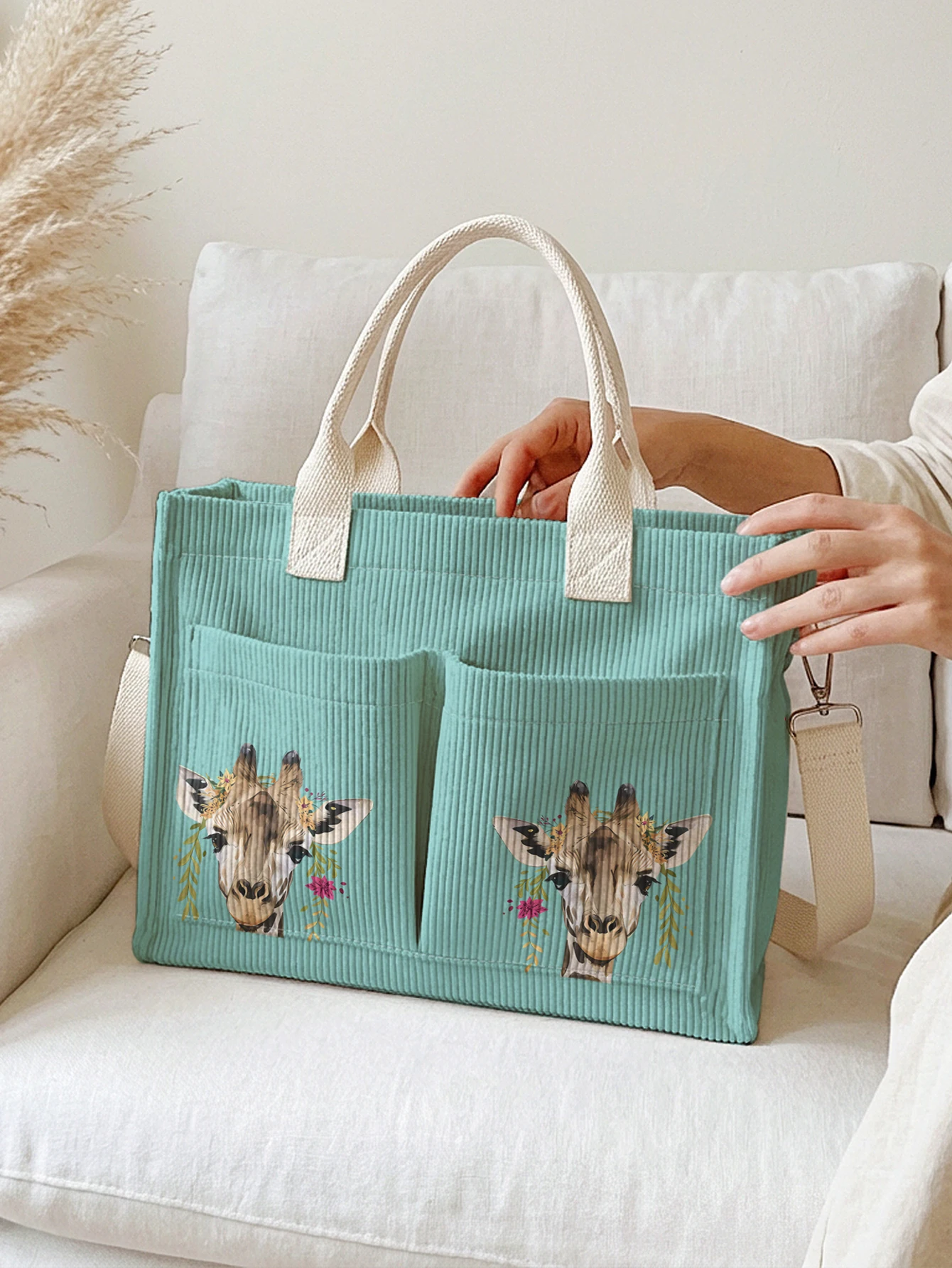 

Сумка-тоут из вельвета с цветочным принтом и изображением жирафа, большая вместительная сумка через плечо с множеством карманов для поездок на работу