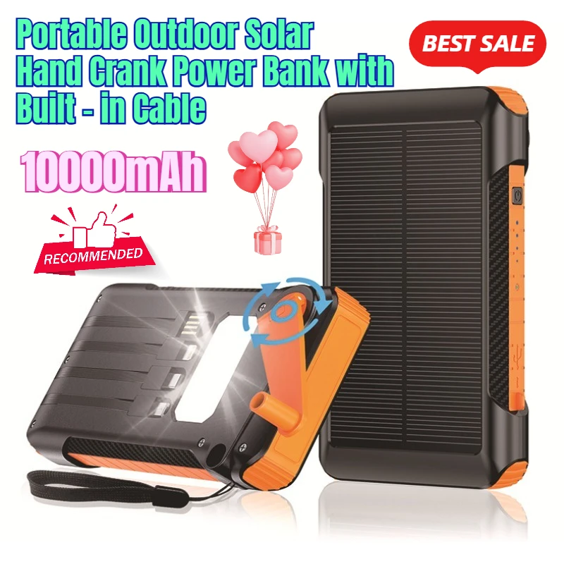10000mAh 22.5W Portable Outdoor Solar Hand Crank Power Bank with Built - in Cable