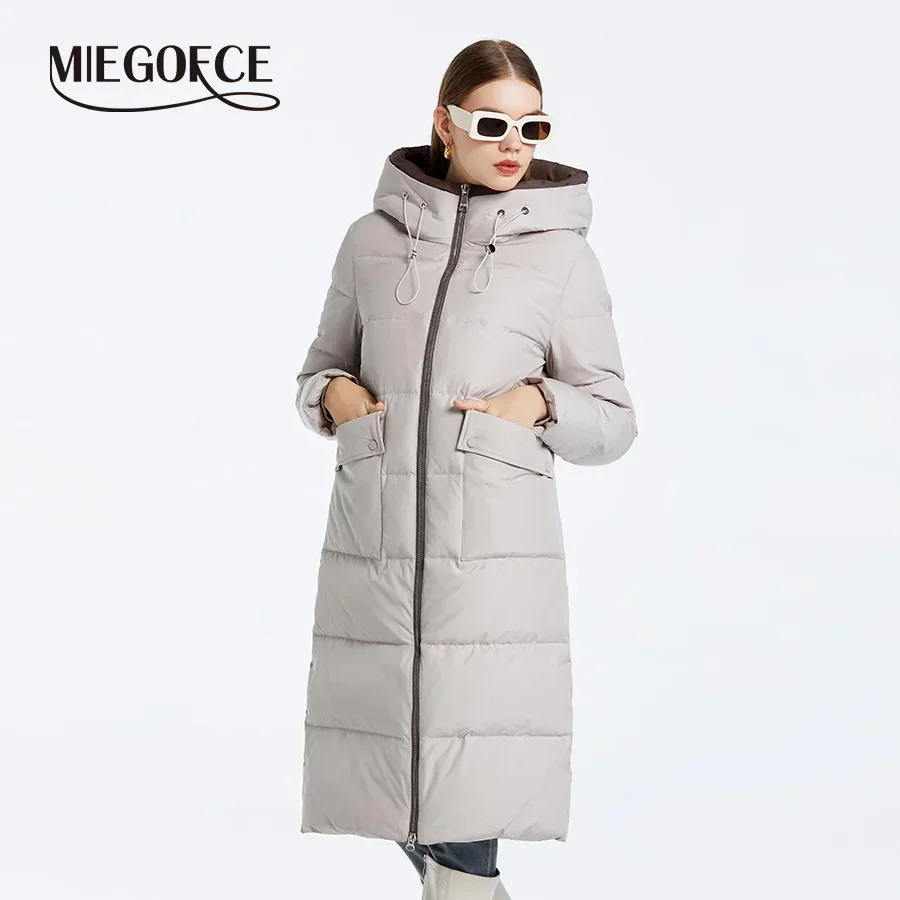 Miegofce 2024 inverno casual casaco feminino manga longa acolchoado jaqueta com bolsos de botão grande à prova de vento quente com capuz parka d23715