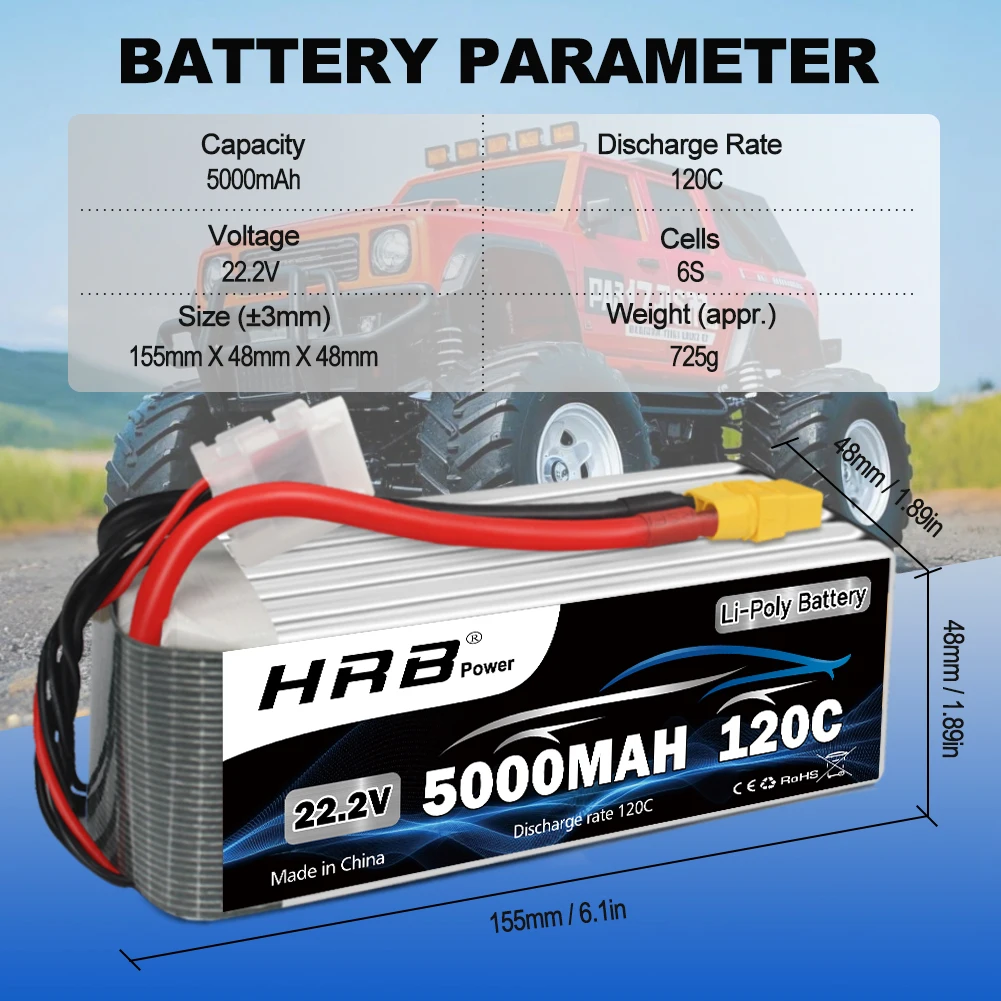 HRB 6S يبو بطارية 22.2 فولت 5000 مللي أمبير بطارية توصيل خارجي 120C مع موصل XT90 لسيارة RC الوحش 550E 700E RC هليكوبتر RC قارب