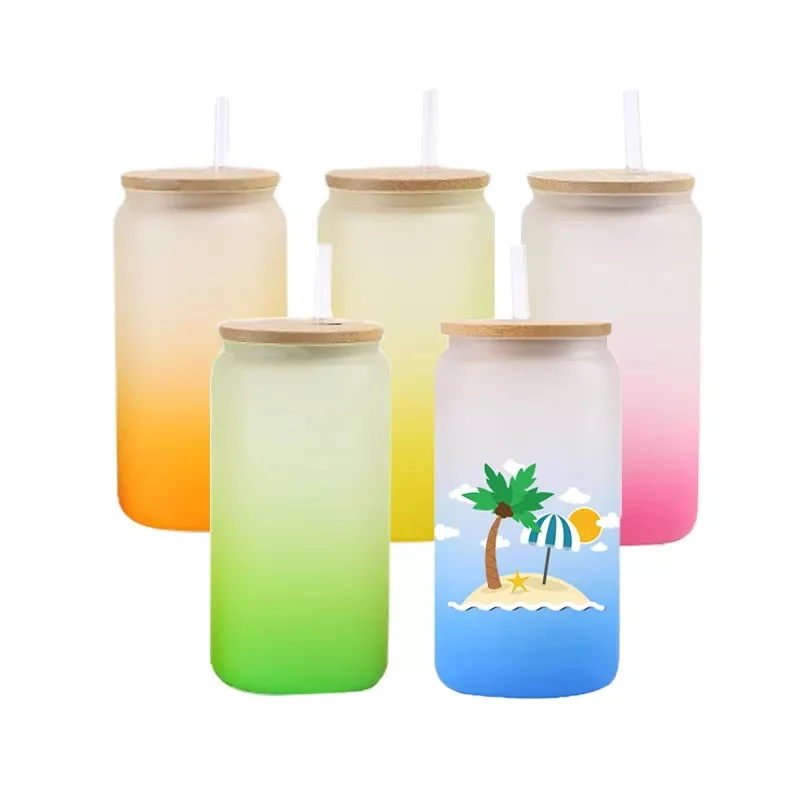 US Warehouse 16oz 25pack gradient sublimation frosted ombre beer cup color glass can with bamboo lid and  straw