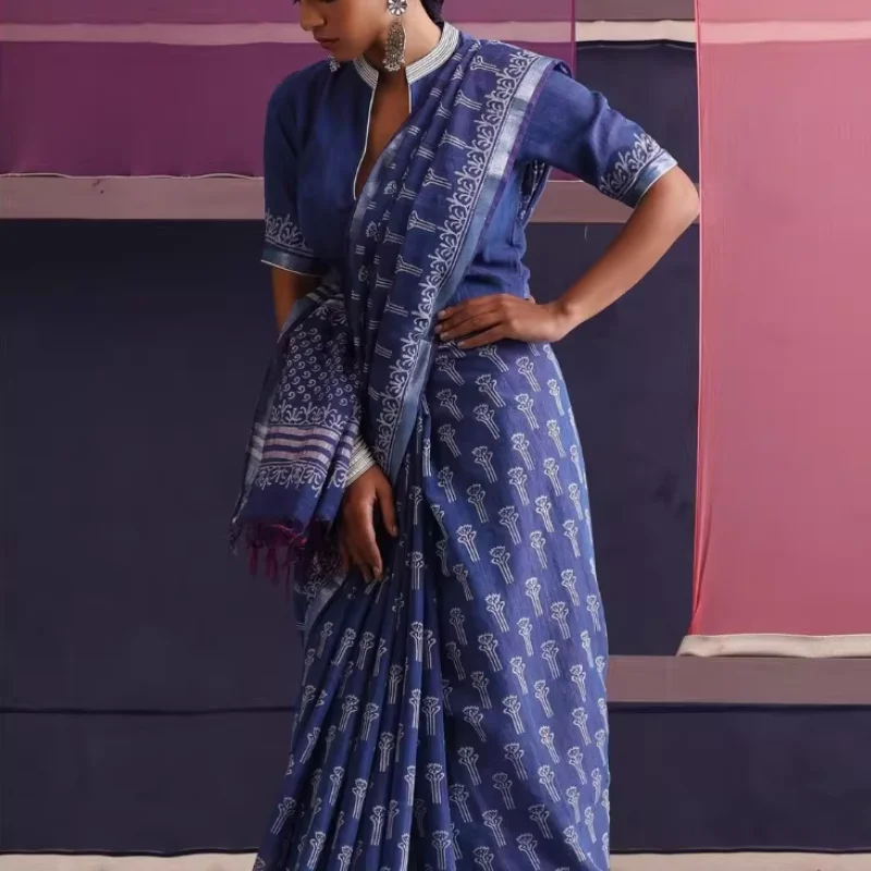 Indian Traditional Thin Deep Blue Printed Cotton and Linen Sari