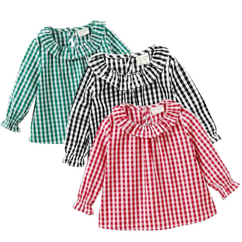 2023 sommer Frühling Baby Mädchen Bluse Baumwolle Top Peter Pan Kragen Plaid Kleinkind Mädchen Hemd Kleidung Kleidung Mädchen Kleinkind 1-5Y