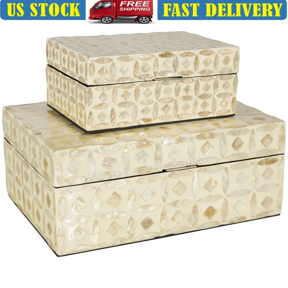 

Coastal Style Mother of Pearl Decorative Storage Box Set of 2 Jewelry Keepsake Box with Lid and Felt Base Stoppers