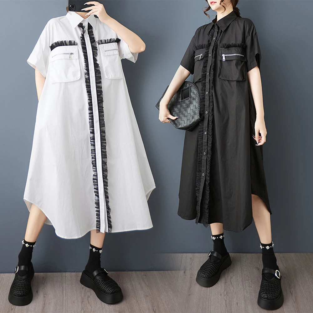 NYFS Estate 2025 Abito da donna a maniche corte con patchwork in rete tascabile allentato taglie forti